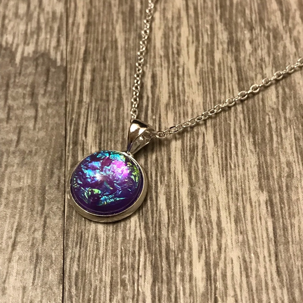 Purple Cat Eye Iridescent Foil Silver Necklace